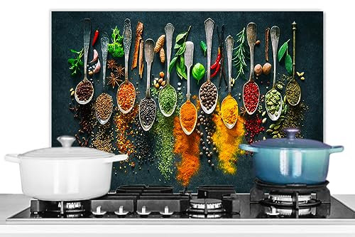 KitchenYeah© Spritzschutz Küchenrückwand Küche Deko Aluminium Platte Wandschutz Herd Spritzschutz WandverkleidungKräuter - Gewürze - Löffel - Pfeffer - 70x50 cm