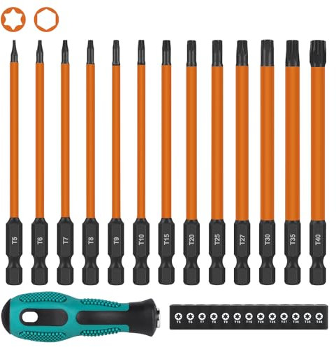 EFUTURETIME 13pcs Tournevis Torx Magnetique 100mm avec Tournevis à Cliquet, T5 T6 T7 T8 T9 T10 T15 T20 T25 T27 T30 T35 T40, Jeu d'Embout Torx, Embouts de Vissage Long, Tige Hexagonale de 1/4