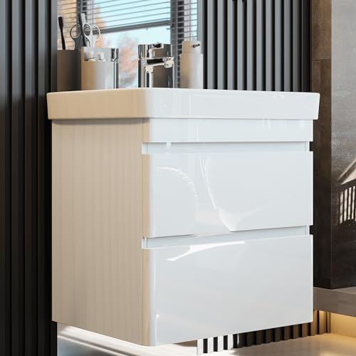 Newroom Waschbeckenunterschrank mit Waschbecken – Weiß Hochglanz, hängend, 60x62x46 cm (BxHxT) – Lackiert, viel Stauraum – Badezimmermöbel, Waschtisch, Unterschrank
