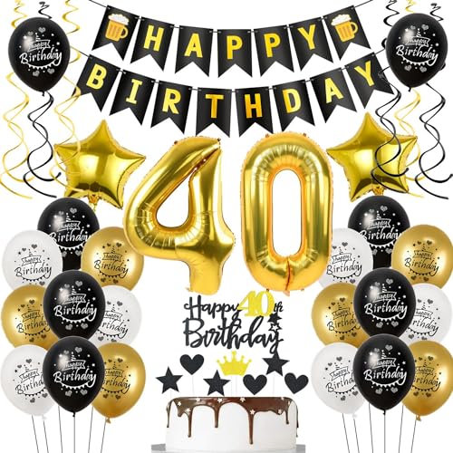 Deko 40 Geburtstag Deko Mann Frauen, Luftballon 40. Geburtstag Schwarz Gold, Geburtstagsdeko 40 jahre Mann Luftballon, Tortendeko 40. Männer Geburtstagsdeko 40 jahre für Frau