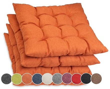 sunnypillow 4er Set Stuhlkissen mit Bändern 45x45 cm - Bequeme Polsterauflage 8cm dick - Auflage für Stühle/Bänke in Haus und Garten Sitzkissen Sitzauflage Gartenkissen Outdoor/Indoor - Orange