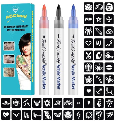 ACCloud Marcatori temporanei per tatuaggi per pelle, 3 Marcatori corpo+ 63 Tatuaggi Stencils Kit per Donne Uomo,Punta flessibile della spazzola, Colori brillanti (3 colori-B)