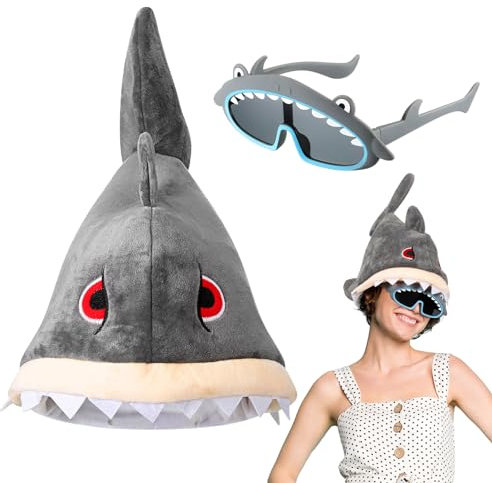 Neer 2 Stück Karneval Mütze und Brille Set Neuheit Party Hut Lustige Sonnenbrille Cosplay Kostüm Accessoires (Hai)