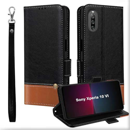 MAMA MOUTH Für Sony Xperia 10 VI Hülle, Kartenfächer Leder Magnet Handyhülle,Stoßfeste Brieftasche Xperia 10 VI Klapphülle, TPU Bumper Schutzhülle Case Cover für Xperia 10 VI mit Handschlaufe Schwarz