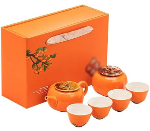 esmen Tee Set Orange Persimmon Ruyi Reise-Teeservice, 6-teilig, Keramik-Kungfu-Teeservice, chinesisches Teeservice für Reisen, Zuhause, Geschenke, Outdoor, Büro