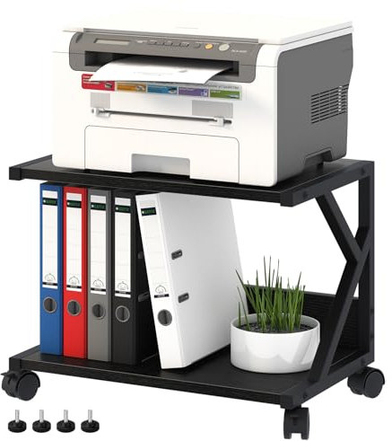 Huhote 2 Tier Desktop Printer Stand, Under Desk Printer Table, Multi-Purpose Desktop Storage and Organize, Wood Printer Stand with Wheels for A5 Folders Scanner Fax Machine Microwave Oven (Black)