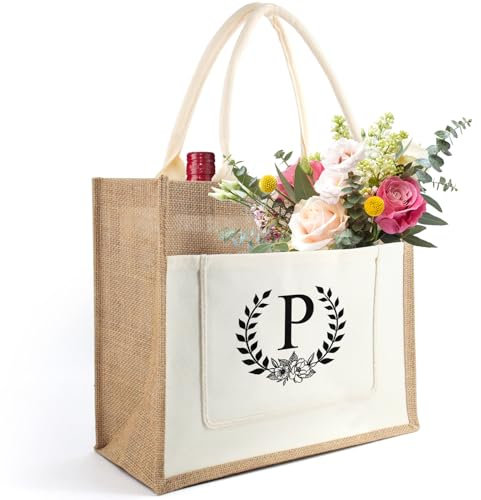 Tarklanda Frauen Geschenke Initialen Jutetasche, Jute Shopper Tote Bag Damen, Jute Einkaufstasche mit Alphabet, personalisiert Geschenk für Frauen Freund Mama, Geburtstage, Weihnachten (P)