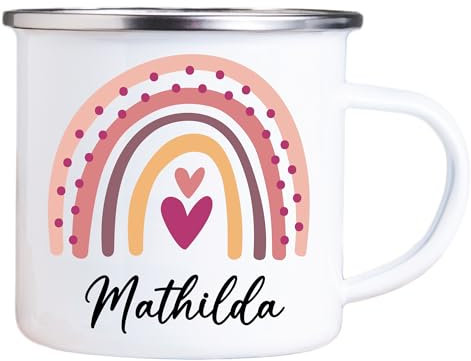 4youDesign Emaille Tasse Kinder personalisiert – Regenbogen 2 Herzen – Rainbow Namenstasse – Geschenk für Jungen & Mädchen – Bruchsicher & Leicht – Geschenkidee zur Einschulung & Geburtstag - 300ml