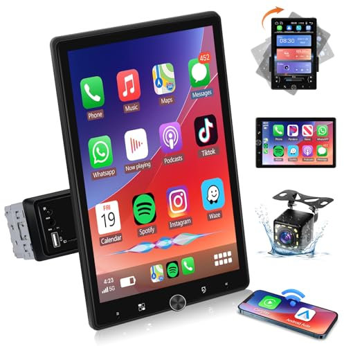 VECHTEL Radio Coche 1 DIN con Carplay Android Auto Inalámbrico, Autoradio con Pantalla Táctil Giratoria de 10.4 Pulgadas Bluetooth, Radio FM, Enlace a Espejo, 2 USB, Cámara Trasera