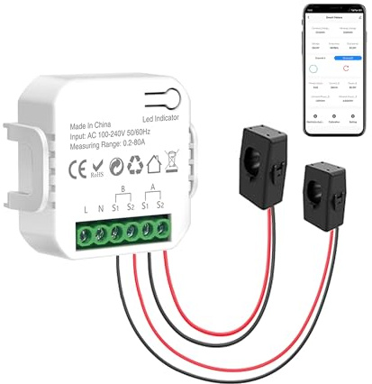 WiFi Smart Stromzähler: Zweikanaliger Smart Home Energiemonitor mit 2 Wege 80A CT-Klemmen, Kalibrierungsfunktion, Tuya Smart Life App-Fernbedienung, Echtzeit-Strommonitor