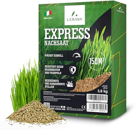 LERAVA® Gazon a Semer EXPRESS 3,6kg – Graines Gazon Rustique de Qualité, Pelouse a Semer pour une Germination Rapide, Croissance Accélérée et Résistance Maximale, Idéal pour un Dense et Vert