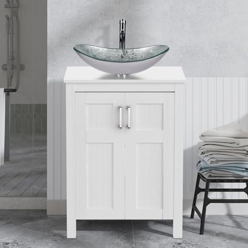 ARTETHYS Bathroom Vanity Units with Basin, 60cm White Bathroom Sink Cabinet Free Standing with Cloakroom Silver Glass Vessel Sink