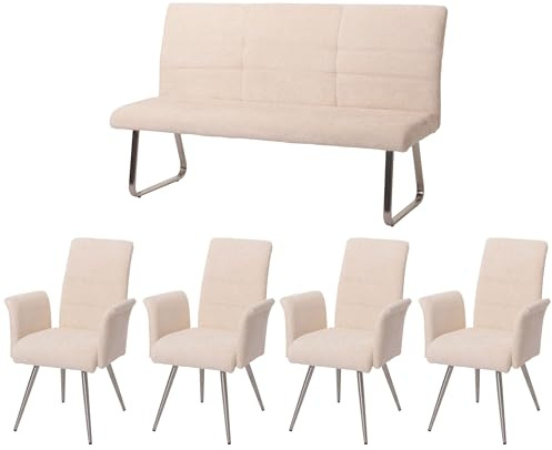 Mendler Esszimmer-Set HWC-G55, 4er-Set Stuhl mit Armlehne+Sitzbank 160cm, Edelstahl gebürstet Stoff/Textil Chenille - Creme