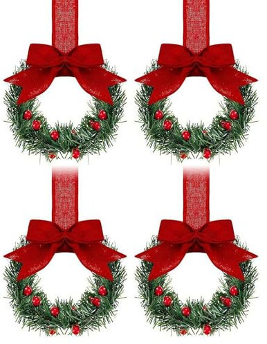4pcs Small Christmas Wreaths with Ribbon, 10cm Wreaths for Kitchen Cabinets, Artificial Greenery Xmas Window Wall Front Door Decor