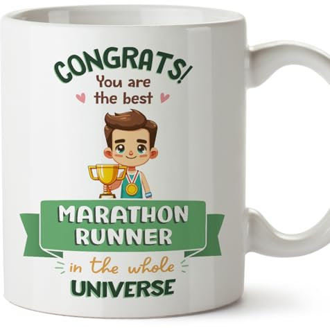 MUGFFINS Marathon Runner Man Mug - in English - Best in Universe Trophy - Funny Gift for Colleagues - Ceramic 11oz Mug