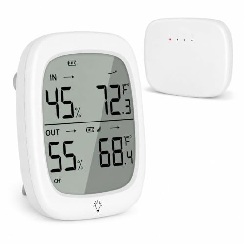 RUIKORING Indoor Outdoor Thermometer Wireless, Outside Digital Thermometer Humidity with IP66 Waterproof Sensor, LCD Backlight, Max/Min Trend, Wireless Humidity Gauge for Home Room Greenhouse,Patio