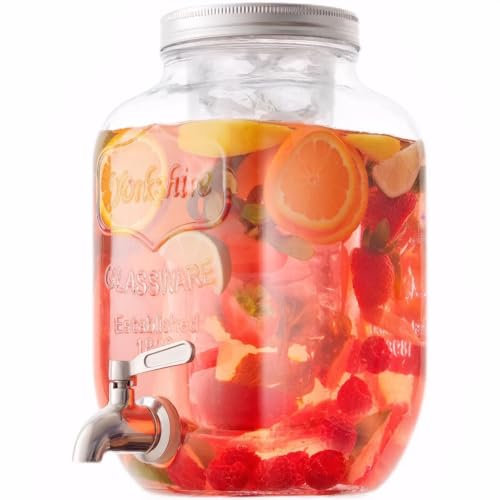 Glass Drink Dispenser with Stainless Steel Tap 3.7L Leak Proof Beverage Dispenser with Ice Core, Easy Filling Wide Mouth Glass Jug Cocktail Accessories, Mason Jar Water Dispenser & Metal Lid
