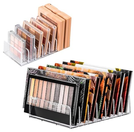 2 pezzi makeup organizer per ombretti. Trasparente con 7 scomparti. 2 misure per ombretti, tavolo da trucco e bagno. È portatrucchi organizzatore e bagno. Supporto acrilico per make-up e cosmetici.