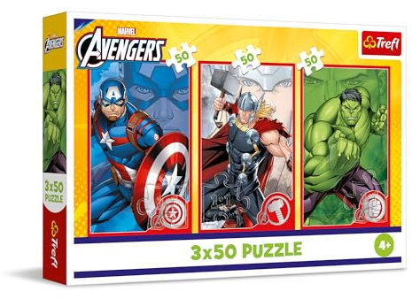 Trefl – 3in1 Puzzle: Marvel The Avengers, Dein Held - 3 x 50 Teile, 3er-Puzzle-Set für Kinder ab 4 Jahren