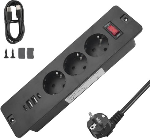 LbsAMP Multiprise avec Interrupteur + 3 Prises 2 USB et 2 Type C 3000 W Prise Encastrable de Table Prise Encastrée Plan de Travail Cuisine avec Câble de 1,7M pour Meuble Maison Bureau - Noir
