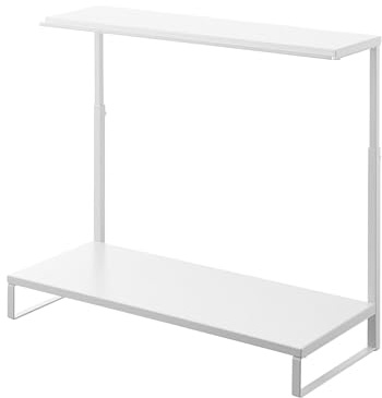 YAMAZAKI Tower 2-stöckiger Monitorständer, weiß | Stahl, Höhenverstellbar, Ablagefläche mit Rille für kleine Schreibwaren, 27,5 x 59 x 38 - 65 cm, Japanisches Design