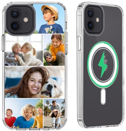 Design Your Magnetic Phone Case for iPhone 12 [Compatible with Magsafe] Custom Multi-Photos Personalized Collage Picture Cover Military Drop Protection Shockproof Rugged Bumper Slim Thin Shell, Clear