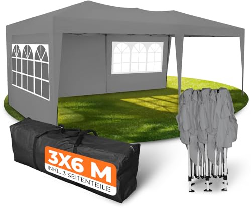 Kronenburg Faltpavillon wasserdicht Pavillon mit 3 Seitenteilen, Gartenzelt, 3x6 m - mit UV Schutz 50+, Grau