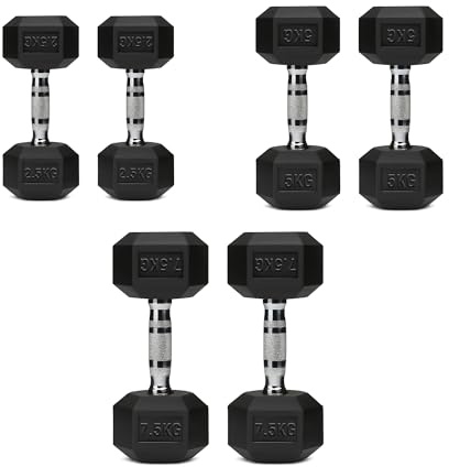 Shark Power Gear Hex Dumbbell Set, 2.5kg 5kg 7.5kg Pairs, Rubber Coated, Chrome-plated Steel Handle, Black