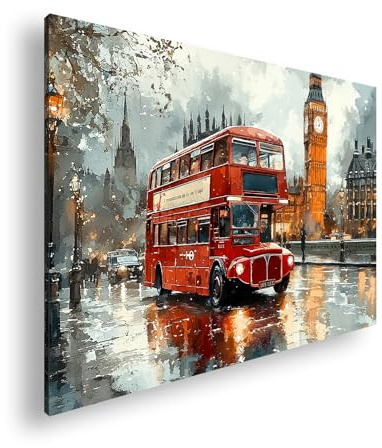 Farbenhorizont Leinwandbild Der rote Doppeldecker – Nostalgie im Regen von London Format:90x60cm XXL Wandbild auf Keilrahmen/Kunstdruck/Bild Wohnzimmer Dekoration