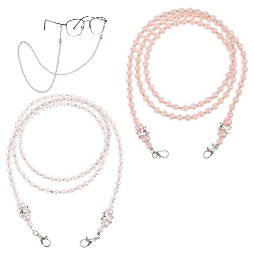 2PCS Beaded Glasses Chain, Eyeglass Chain for Women, Fashion Sunglasses Neck Cord, Around Neck Eyeglass Chain-Cord, Acrylic Bead Eye-Glass Lanyard (White, Pink)