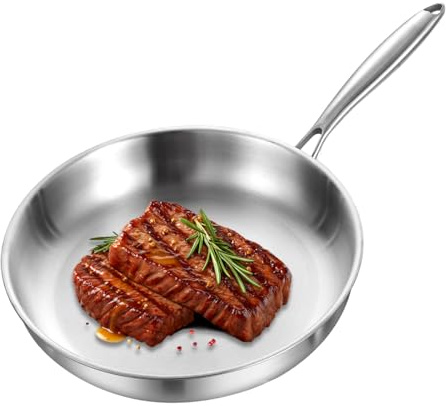 Zjyufy Poêle en Acier Inoxydable Triply, Poêle en inox Poêle à Frire 28 cm pour Sauté et Wok, Batterie de Cuisine Compatible Tous Types de Feux, Chauffe Rapide et Uniforme, Sans revêtement