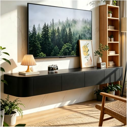 TV Board Hängend, Hängeschrank Wohnwan, Fernsehtisch, Stehend/Hängend, Hängeboard Schwebend, Moderner Fernsehtisch Mit Stauraum, TV Tisch Für Wohnzimmer Und Esszimmer Aus Massivholz (Schwarz, 240cm)