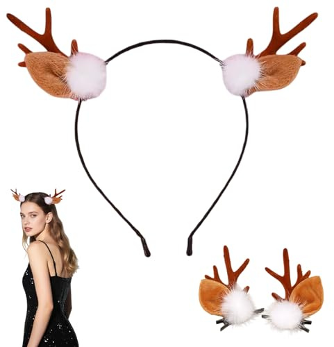 Richaa Serre-tête en bois de renne de Noël pour adultes et boules en peluche - Accessoires pour cheveux avec oreilles d'animaux