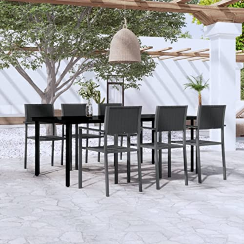 QJBSAVVA Schwarze 7-TLG. Gartenmöbel Set 200x100 cm mit 6 Kunststoff Stühlen in Rattan-Optik, robuster Stahl-Glas Esstisch, Moderne Essgruppe für Balkon Terrasse Garten