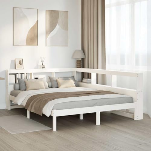 Qnhdfrt Massivholzbett Kiefer Weiß 150x200 cm mit Regal und Lattenrost L-Form Kopfteil platzsparendes Jugendbett Doppelbett Schlafzimmer