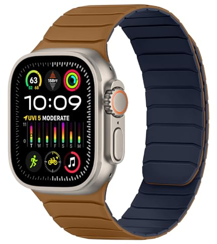 Tasikar Magnetic Straps Compatible with Apple Watch 49mm 46mm 45mm 44mm 42mm Soft Silicone Replacement Loop Wristband for iWatch Ultra 3 2 1 SE Series 11 10 9 8 7 6 5 4 3, Brown - Indigo