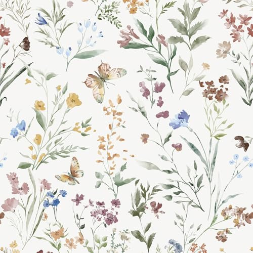 Yomshi Selbstklebende Tapete Bunte Schmetterlinge und Blumen Vinylfolie 44 x 300 cm Boho-Aquarell Möbelfolie Selbstklebend für Schrankwände Küche Kinderzimmer Reduziert Blasen Wasserfest Entfernbar