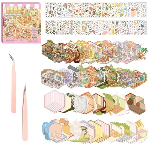 20Stück 3D House Stickers Scene Set, stickerbuch erwachsene,Sticker Therapy, Stickerbuch Wiederverwendbar,DIY-Aufkleber für Basteln, with 40 PET Sticker, 20 Mminiatur Haus, 2 Pinzette.