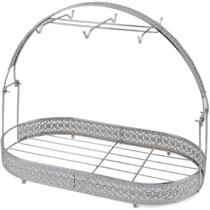 Hamwesh Mug Holder, Iron 6 Hooks Holds 6 Cups Plates Spoons Coffee Cup Holder, Mug Rack with Bottom Storage Basket for Counter Cabinet Table Kitchen Restaurant Office (Silver)