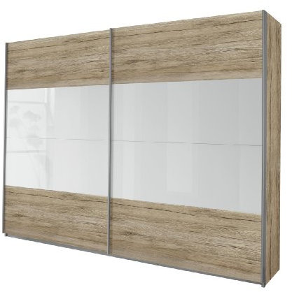 Rauch Möbel Quadra Kleiderschrank, Schwebetürenschrank, 2-türig, inkl. Zubehörpaket Basic 2 Einlegeböden 2 Kleiderstangen, Farbe Eiche Sanremo hell/Hochglanz weiß, BxHxT 181x210x62cm
