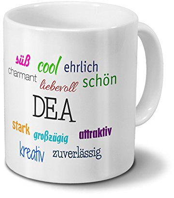 printplanet Tasse mit Namen DEA - Motiv Positive Eigenschaften - Namenstasse, Kaffeebecher, Mug, Becher, Kaffeetasse - Farbe Weiß