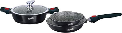 Haussmann Héritage® 4 piéces Batterie de Cuisine 2 poêle 24/28cm+1 sauteuse 28cm avec Couvercle en Verre + 1poignée Amovible/Revêtement Façon Pierre -sans PFOA- Tous Feux Dont Induction - HM-0422M
