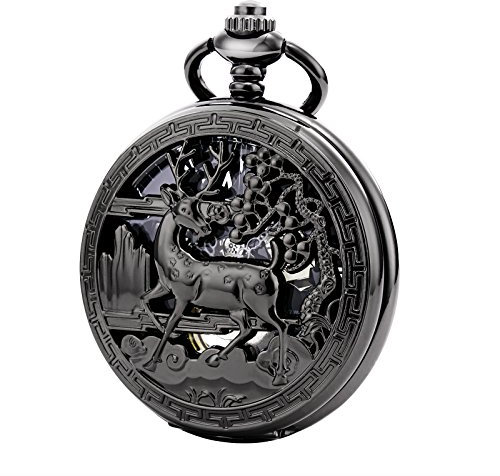 TREEWETO Unisex Taschenuhr mit Kette Analog Handaufzug Antik Hirsch Rentier Schwarz