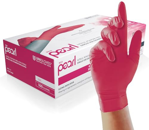 UNIGLOVES Red Pearl Nitril-Untersuchungshandschuhe - vielseitig einsetzbar, puderfreie und latexfreie Einweghandschuhe - Box mit 100 Handschuhen, Rot, Groß (GP0064)