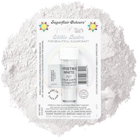 Sugarflair Christmas White Edible Lustre Dust, Add a Lustrous Shine to Cakes or Decorations. Brush On or Add Rejuvenator to Create Eye-Catching Edible Paint, Gives Shine to Your Bakes - 2g