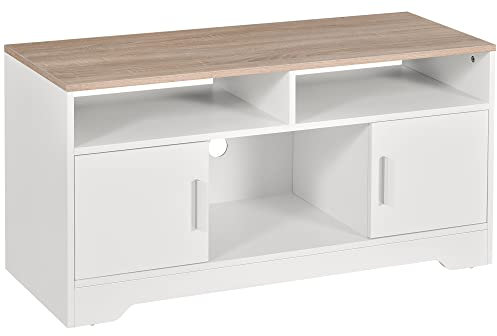 HOMCOM Armario para Televisor Mesa para TV de Salón con Gran Espacio de Almacenaje Estantes Abiertos Administración de Cables Diseño Clásico 105x40x52 cm Blanco