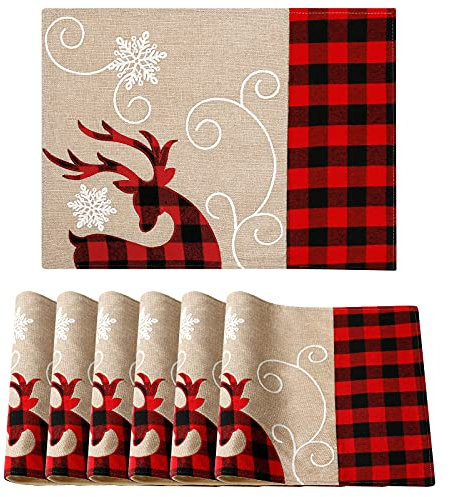 Weldomcor Weihnachten Platzsets 6er Set 33x45cm Baumwoll Sackleinen Büffel Plaid Bestickte Tischsets Hirsch Schneeflocke Urlaub Weihnachten Platzdeckchen Küche Party Deko(Hirsch Schneeflocke)