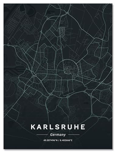 wandmotiv24 Leinwandbild Stadt Karte, Hochformat, Karlsruhe, Deutschland, Straßen, Anthrazit M0461