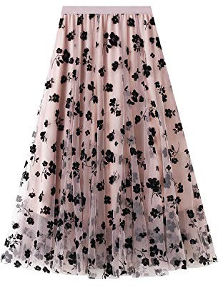 Gonna Donna Elegante Elastica A-Linea a Strati Abito Lungo a Pieghe in Tulle Motivo Floreale Gonne Midi in Pizzo a Vita Alta Orlo alla Caviglia Casual Ragazza (Rosa, Taglia Unica)