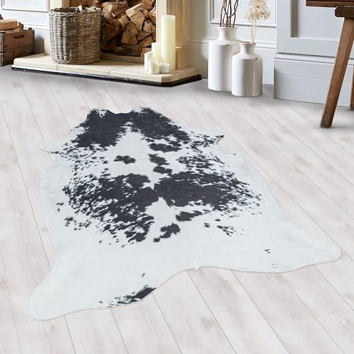 HomebyHome Fell Teppich Flachgewebt Kunstfell Rinderfell Kuhfell Design Wohnzimmer Schlafzimmer 8 mm Florhöhe Waschbar Weich Tierform rutschfest Schwarz, Farbe:Schwarz, Grösse:150x200 cm